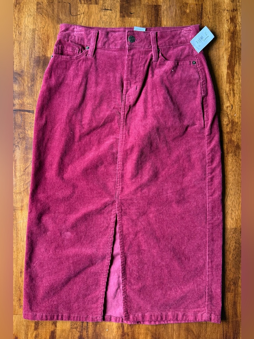 Berry Corduroy Midi Pencil Skirt with Front Slit